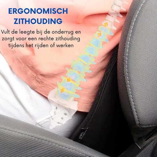 Close-up van ruggengraatoverlay op vrouw in auto. Zwart lendensteunkussen. "Ergonomische zithouding".