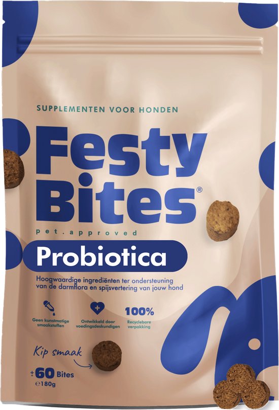 FestyBites Probiotica Hond – Hondensupplement bij gevoelige maag & onrustige spijsvertering – 60 stuks – Natuurlijk & graanvrij – FAVV-gekeurd