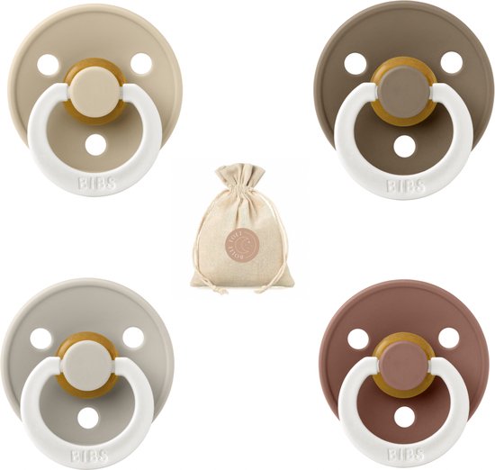 Bibs fopspenen maat 1 0-6 maanden - set 4 spenen + bolletoet speenzakje - Glow Sand, Vanilla, Dark oak en Woodchuck