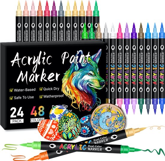 Cadeaus -24stuks Acryl Marker Verfstiften (48 Kleuren )- Dual tip-met dubbele penpunt- Acrylverf Tekenset- Acrylstiften- Acrylic Verf Markers Met Fijne Tip Ronde Tip -Voor Rock Schilderen Canvas Glas Keramiek Hout DIY Ambachten Kleurplaten Decoreren
