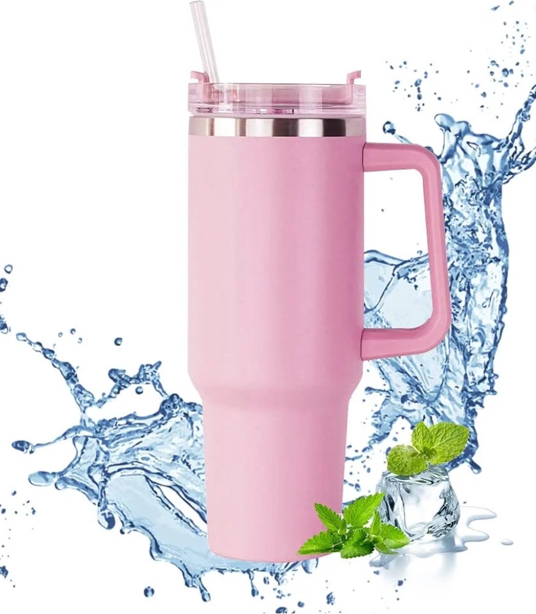 Ilso Travel Mug Roze - Drinkbeker to go - RVS thermosbeker met handvat en rietje - Koffiebeker - Thermosfles - 1.2 Liter - Warm en koud