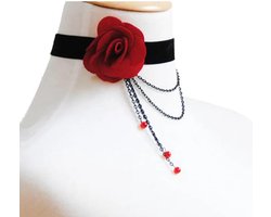Plux Fashion Steen Rode Roos Choker - Zwart - 3cm/34cm + 7cm hangstuk - Sieraden - Stras Stenen - Fancy Choker - Choker - Stoffen Choker - HipHop Choker - Sieraden Cadeau - Duurzame Kwaliteit - Halloween - Oktoberfeest - Kerst - Halloween kostuum