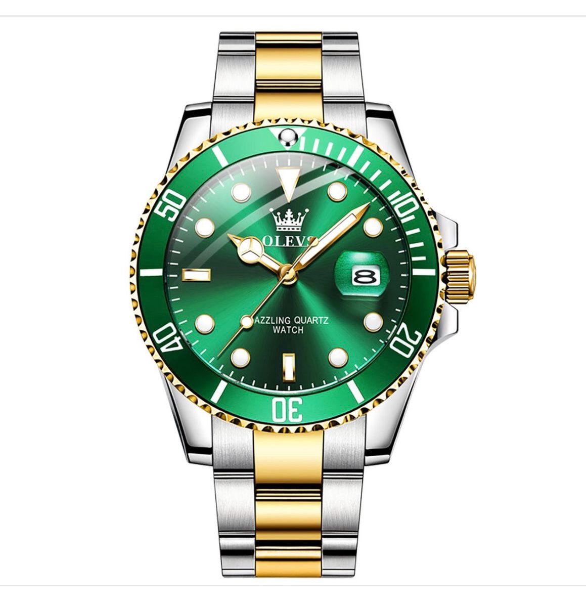 Olevs-Luxe Herenhorloge - Mannen - Zilveren Polsband - Zilver en Groen - Luxe Doos -