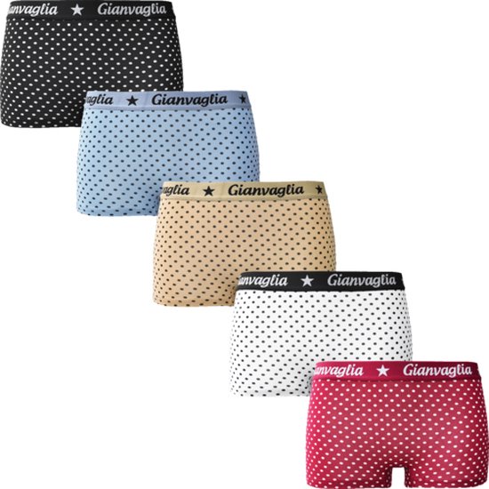 Vijf katoenen boxershorts van Gianvaglia in zwart, lichtblauw, beige, wit en rood met stipjes.