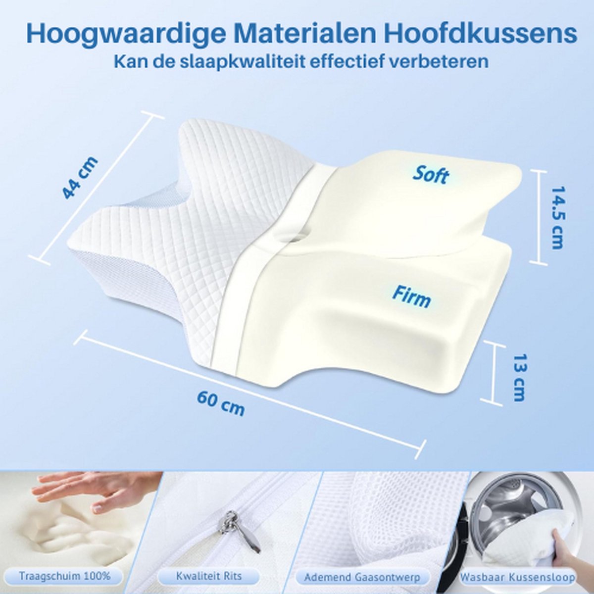HOMCA CPAP Traagschuim Hoofdkussen Voor Zijslapers - Vermindert Luchtlekken (Grijs)