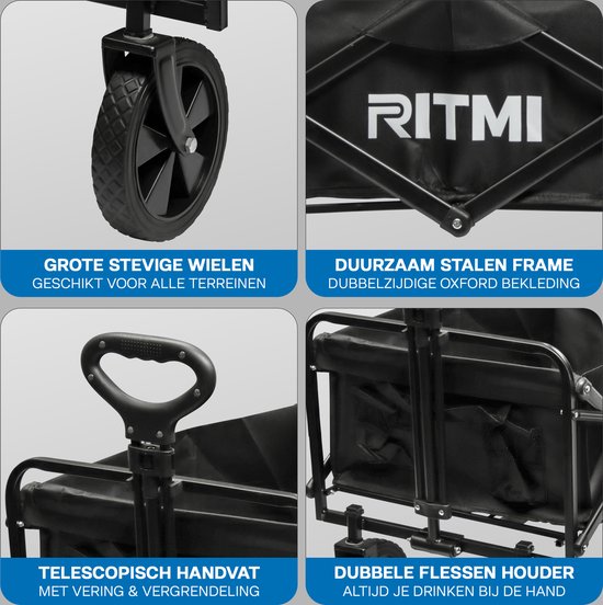 Ritmi Bolderkar - Opvouwbaar Bolderkar Tot 120kg Draagvermogen - 82x52x63cm - Inhoud 120L Bolderwagen met Duwstang - Opvouwbare Draag Kar - Bolder Wagen Strandkar - Zwart van Merkloos — afbeelding 2