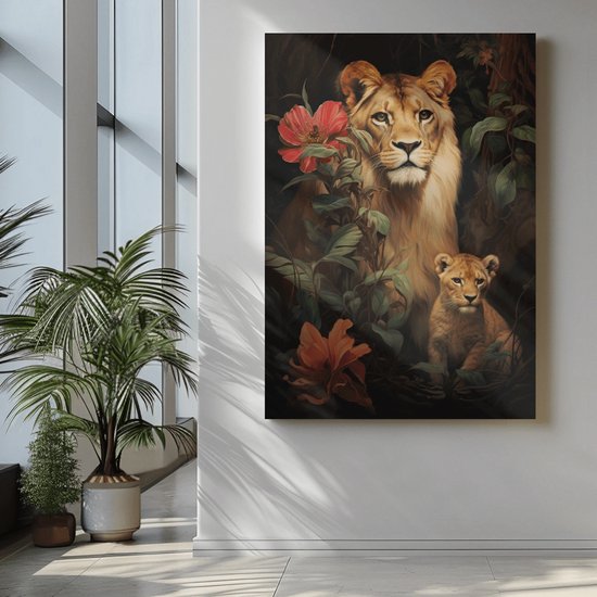 Foto: Canvas schilderij dieren wilde dieren leeuwin en haar welp 120x80x2 cm