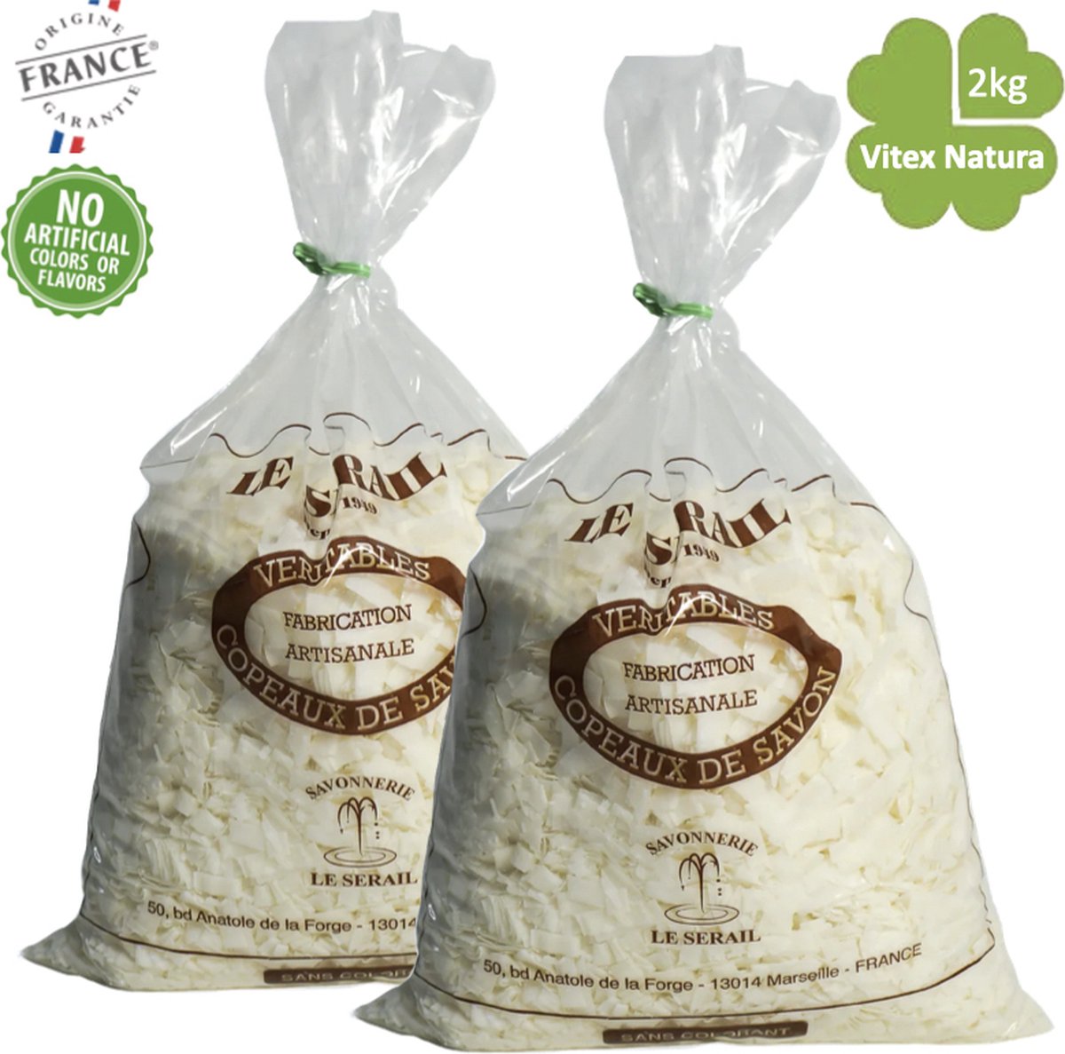 Goedkoopste Marseille zeepvlokken neutraal | 2 x 1 kg | Ecologisch parfum en kleur vrij | Milieuvriendelijk | merk Le Serail