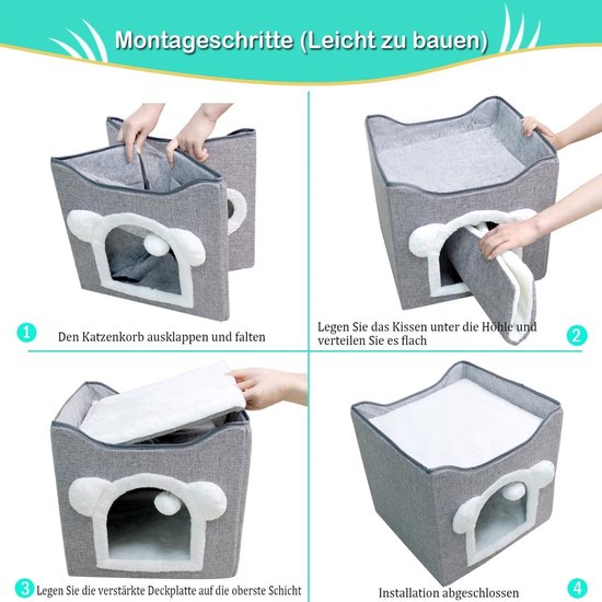 PawHut kattengrot, kattenhuis met krasoppervlak, kattenhuis met dubbele deuren, knuffelgrot met kussen, kattenbed met speelgoedbal, polyester, grijs, 65 x 41 x 45,5 cm
