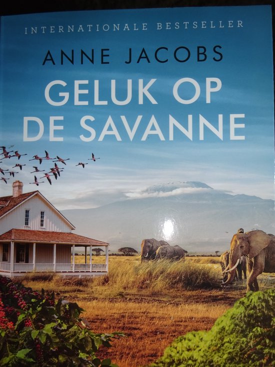 Couverture du livre 'Geluk op de savanne' avec des éléphants, une maison de savane et des flamants roses.