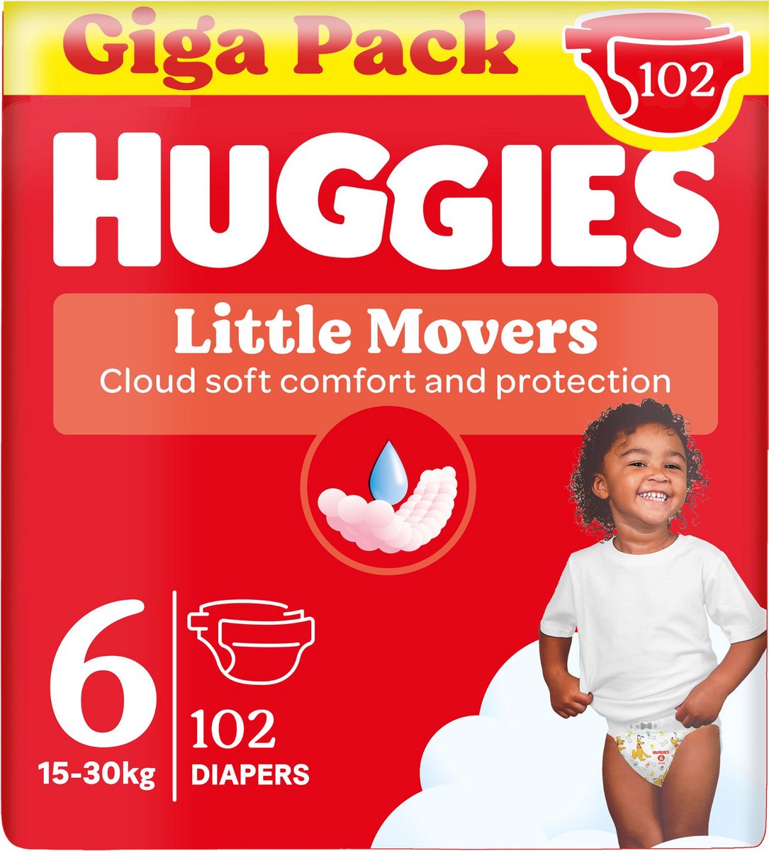 Goedkoopste Huggies® Little Movers baby luiers, Maat 6 (16 tot 30 kg), 102 luiers met Disney© designs, Giga pack
