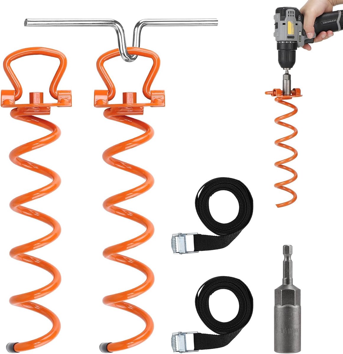 Goedkoopste DBREAKS Grondanker grondankers, 2 stuks haringen met 2,5 m verstelbare riemen draaihulp, schussenanker voor trampoline, tuinhuis, schommels, spiraal earth grond, trampoline-bevestiging vloer