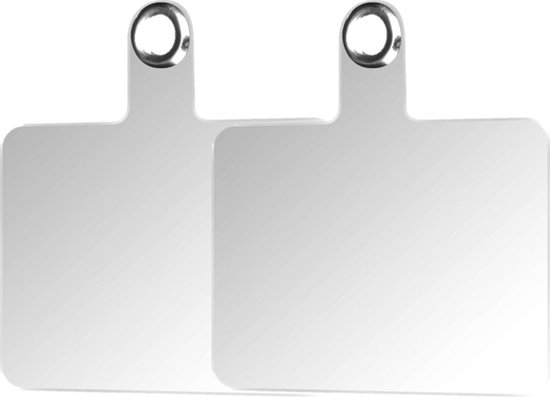Deux languettes de lanière de téléphone transparentes avec des œillets métalliques sur fond blanc.