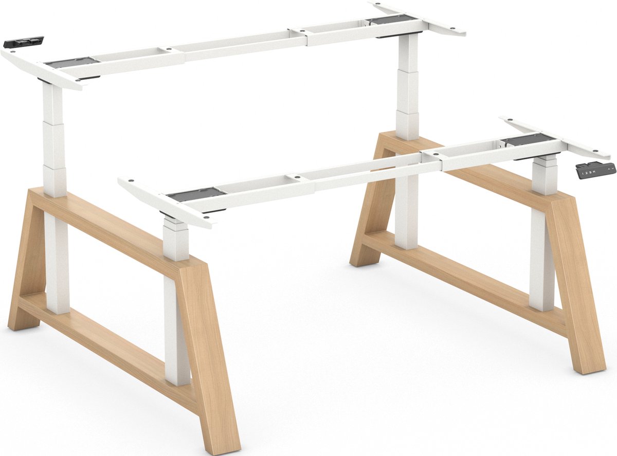 Worktrainer OakDesk Dubbel Zit Sta Bureau - Hoogte 73,5 - 137,5 cm - Breedte 107,5 - 180 cm – Wit/Eiken - Memory Bediening - In Hoogte Verstelbaar Bureau Duo Onderstel - Elektrisch Frame