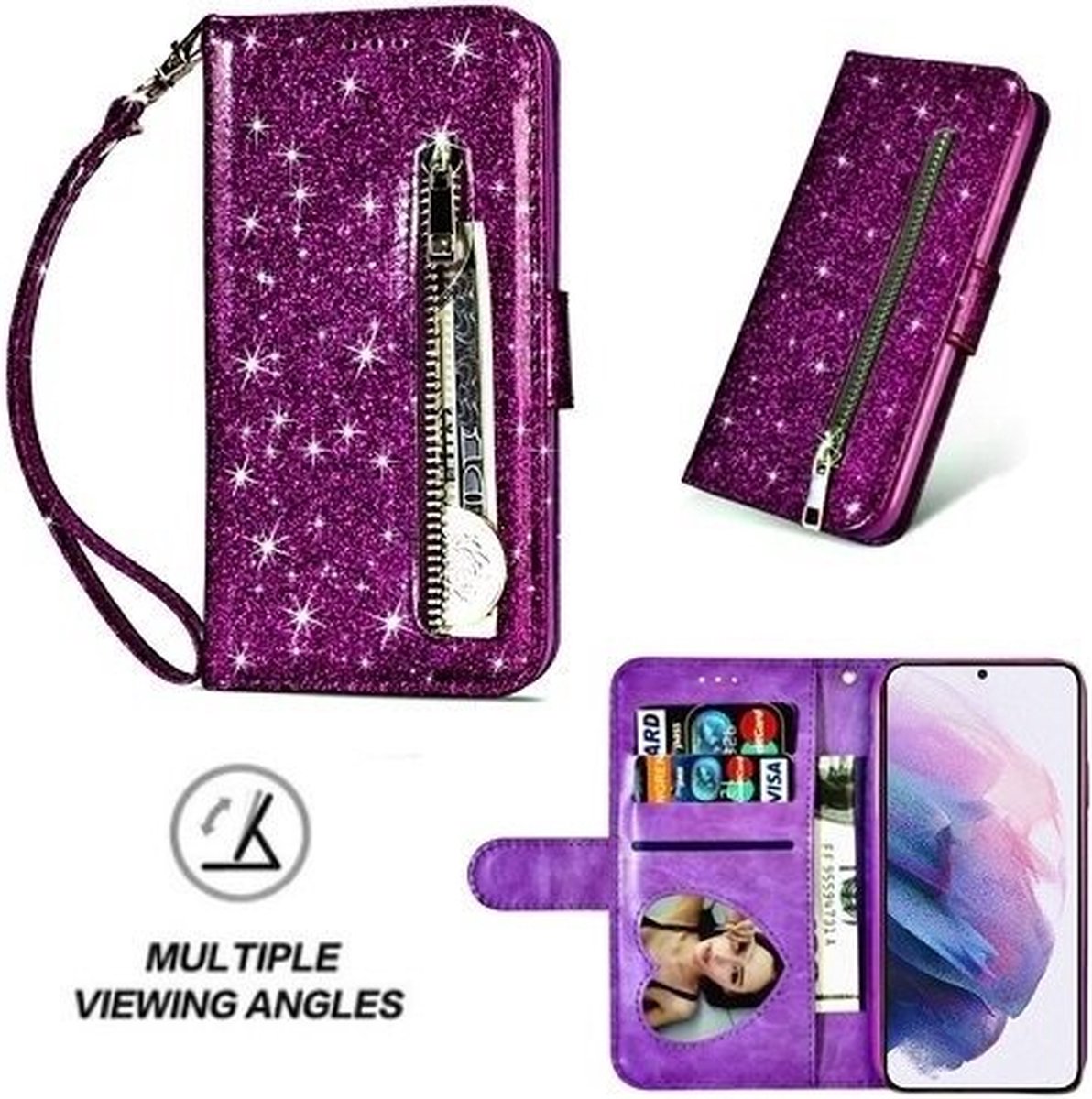 Samsung S21 Plus Glitter Hoesje Met Pasjeshouder Bookcase Paars