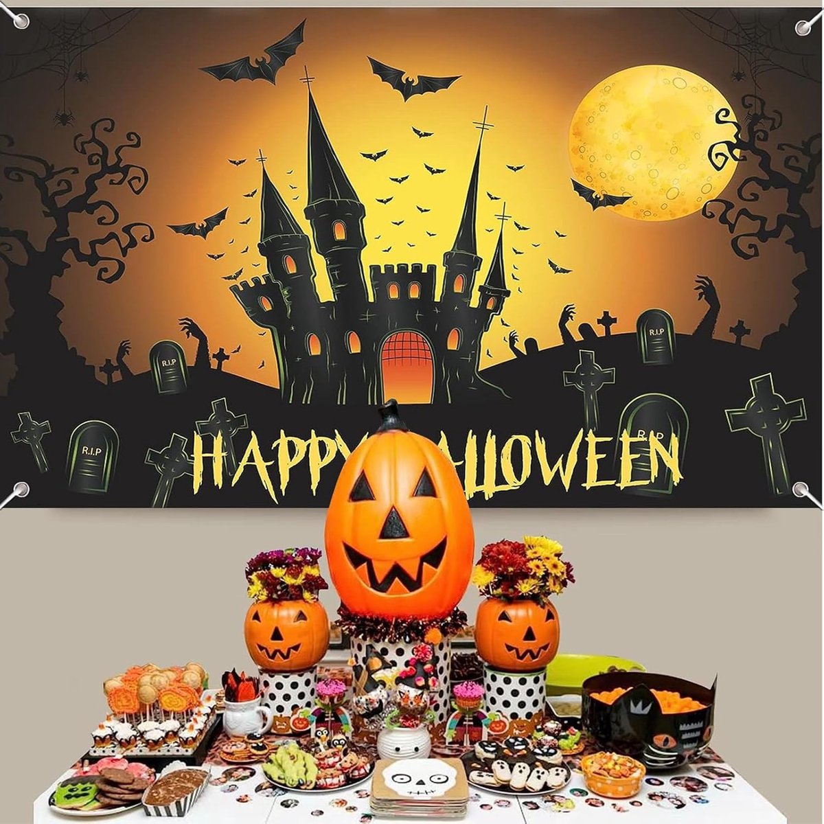 Equivera Halloween Decoratie - Halloween Versiering - Horror Versiering - voor Binnen en Buiten - Spin, Heks, Skelet, Pompoen en Spoken - 2024