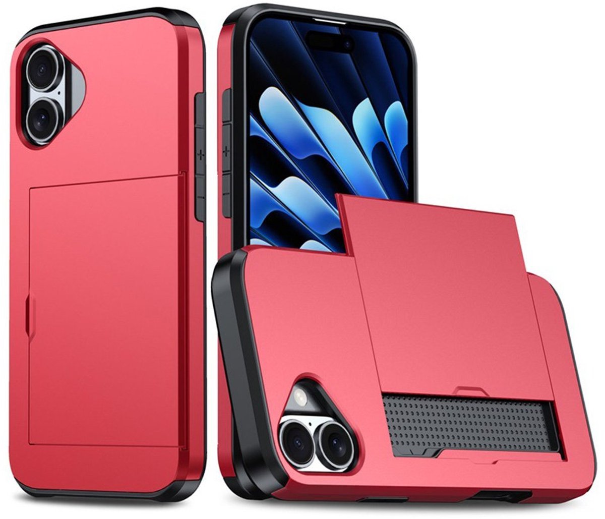 Hybrid Card Case Hoesje geschikt voor iPhone 16 - rood- Pashouder - Kaarthouder - Pasjes - Kaarten - Duurzaam - Slank
