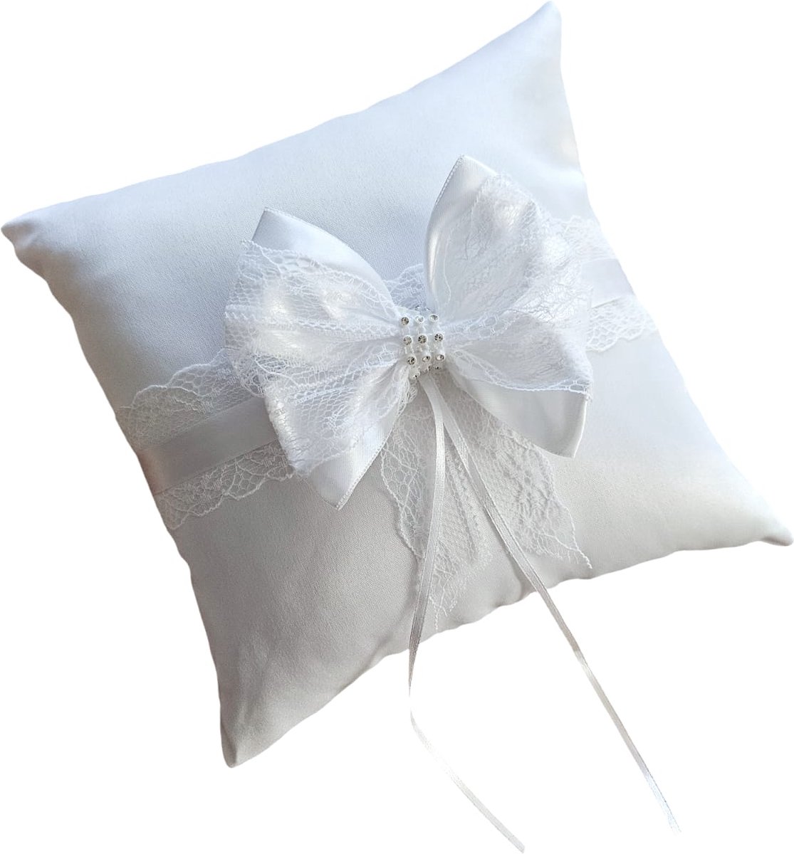 Mooie Trouwring Kussen met kristal strikje- Luxe formaat 20X 20 CM - Bruiloft Ringkussen - Ring Houder Ivoor Wit- SATIJN, POLYESTER- YOUHOMY Huwelijk| Bruiloft| Wedding DECOR| Ringkussen huwelijk