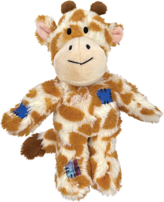 Pluche giraffe speelgoed met bruine en witte vlekken, blauwe en geruite patches.