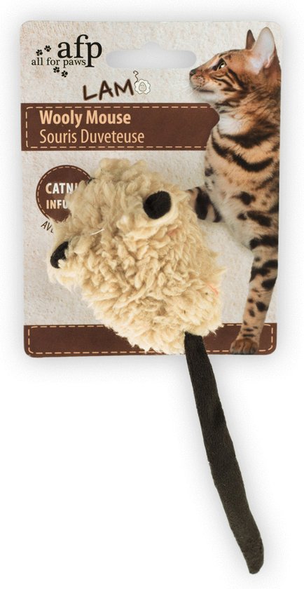 All For Paws Lam Wooly Mouse Lamswol Met Piep - Kattenspeelgoed - 7x7x3 cm Assorti