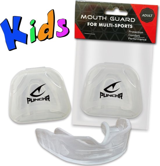 Transparante sportbit met wit PunchR-logo, met de tekst 'Kids'.