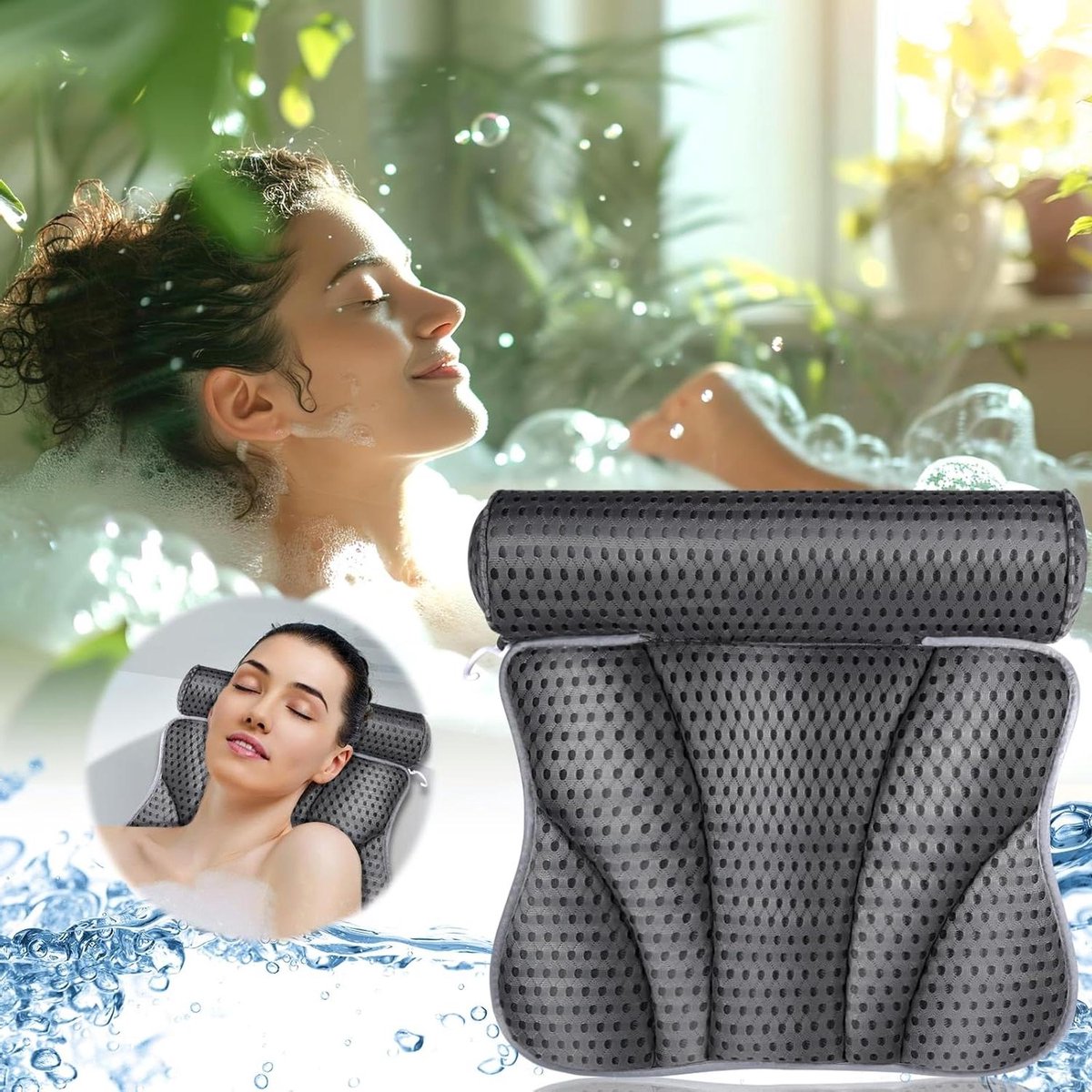 Badkussen met 7 haken voor badkuip - 4D Air mesh technologie - Thuis en spa gebruik