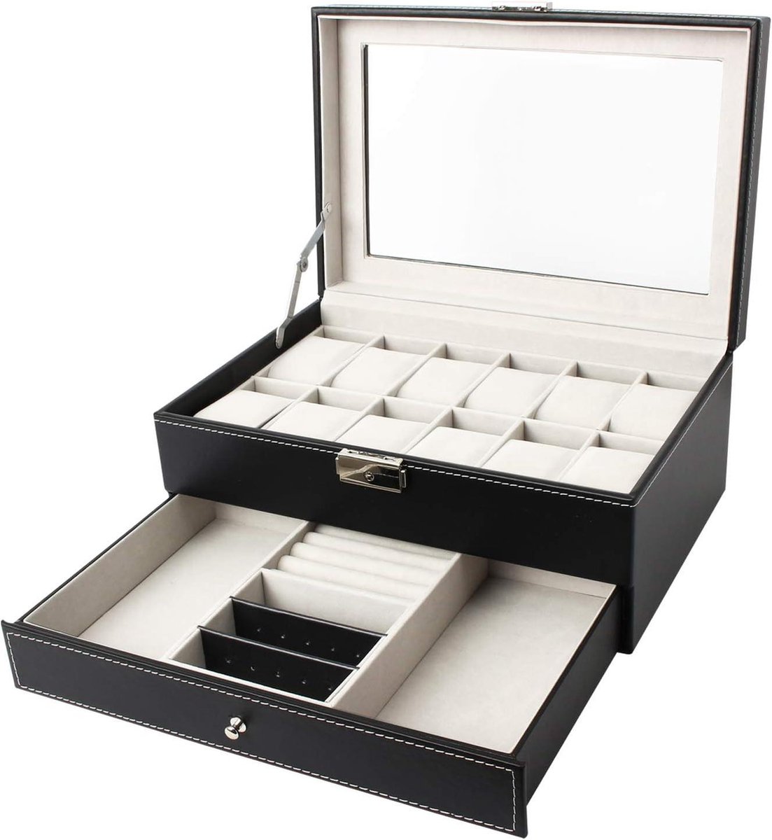 Sieraden Horloge Display Case - 30 x 20 x 14 cm - MDF - 12 horloges sieraden lade - Grijs