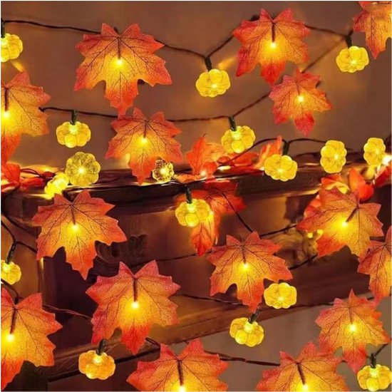 Foto: Herfst string lights 3 meter met 20 led lampjes pompoen esdoornblad en eikels perfecte decoratie voor thanksgiving en halloween binnen en buiten