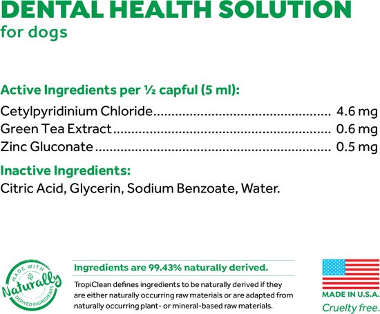 Lijst met actieve en inactieve ingrediënten voor TropiClean Dental Health Solution