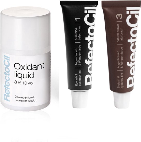RefectoCil Pure Black nr. 1 en Natural Brown nr. 3 wimper- en wenkbrauwverf tubes, met 100ml Oxidant liquid.