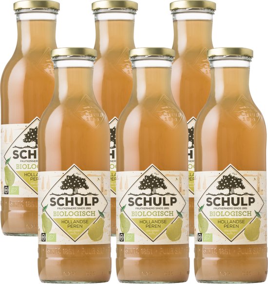 Zes glazen flessen Schulp biologisch perensap met goudkleurige doppen. Elk etiket toont een boom, peren en de tekst 'SCHULP BIOLOGISCH HOLLANDSE PEREN'.
