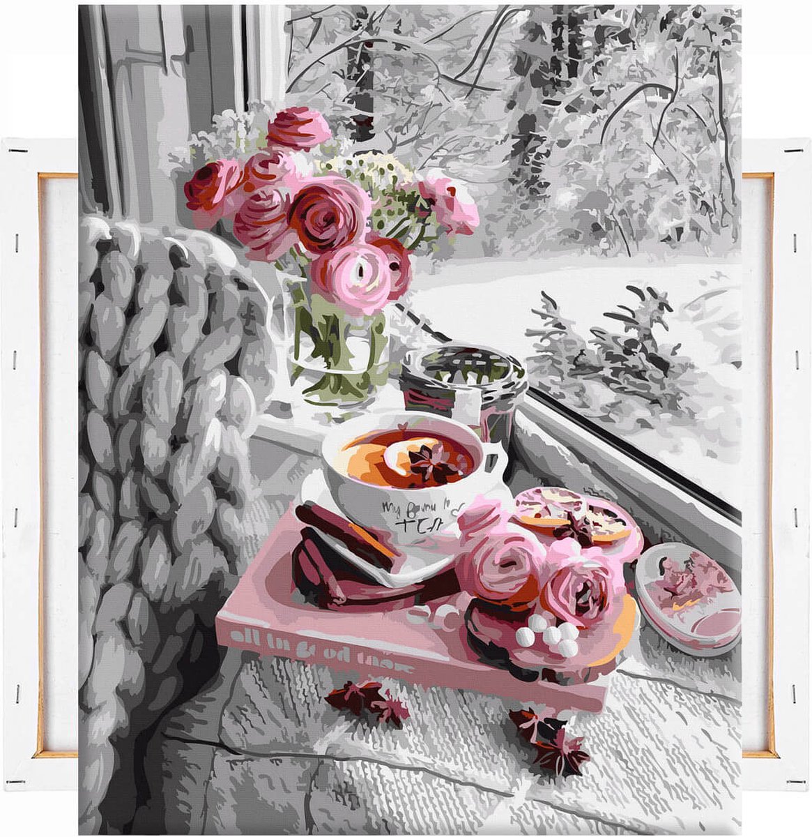 Schilderen Op Nummer Volwassenen DIY Paint By Number Compleet Hobby Pakket op Frame met Vernis - ®Arty Bee - Winter Thee 40x50cm — afbeelding 9