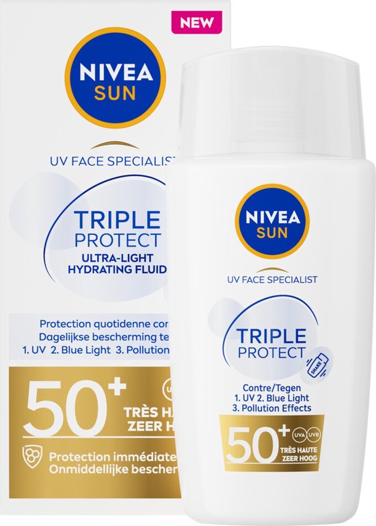 NIVEA SUN UV Face Triple Protect Ultralichte Zonnebrand Gezicht SPF 50+ - Met Hyaluronzuur - Wintersport - Ski Zonnebrandcrème - 40 ml