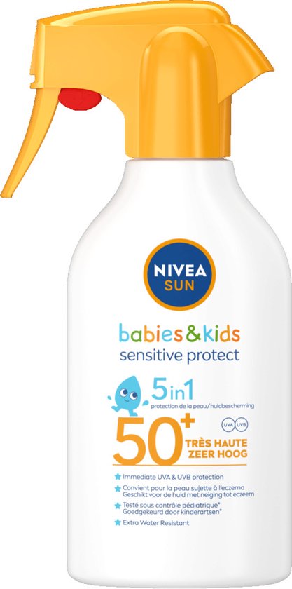 NIVEA SUN Babies & Kids Sensitive Protect Zonnebrand Spray - Baby en Kind - SPF 50+ - Zonnespray - Eczeemgevoelige huid - Parfumvrij - Waterbestendig - 270 ml