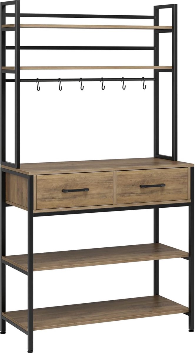 Keukenrek met 5 Planken en 2 Laden Vrijstaand Bakkersrek voor Magnetron Potten en Pannen. Vintage Bruin Afmetingen: 80 x 40 x 169 c