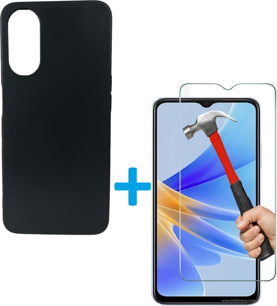 Coque arrière compatible avec : Oppo A17, coque souple en silicone TPU Zwart + 1 film protecteur d'écran en Tempered Glass