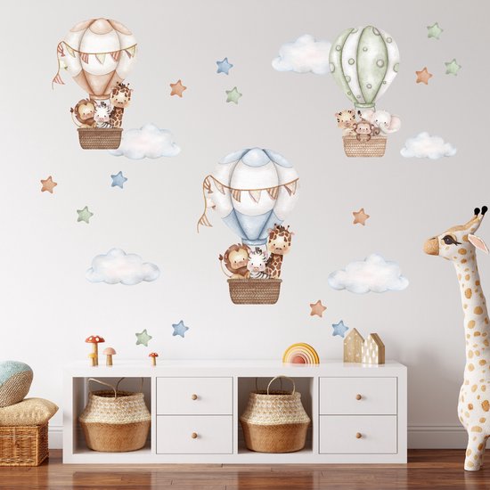 Muursticker kinderkamer verwijderbaar | Luchtballon dieren | Cartoon jungle dieren | Sterren en wolken | Aap | Olifant | Giraf | Stickers zelfklevend | Babykamer | Slaapkamer | Meisje | Jongen | Stickerkamer®