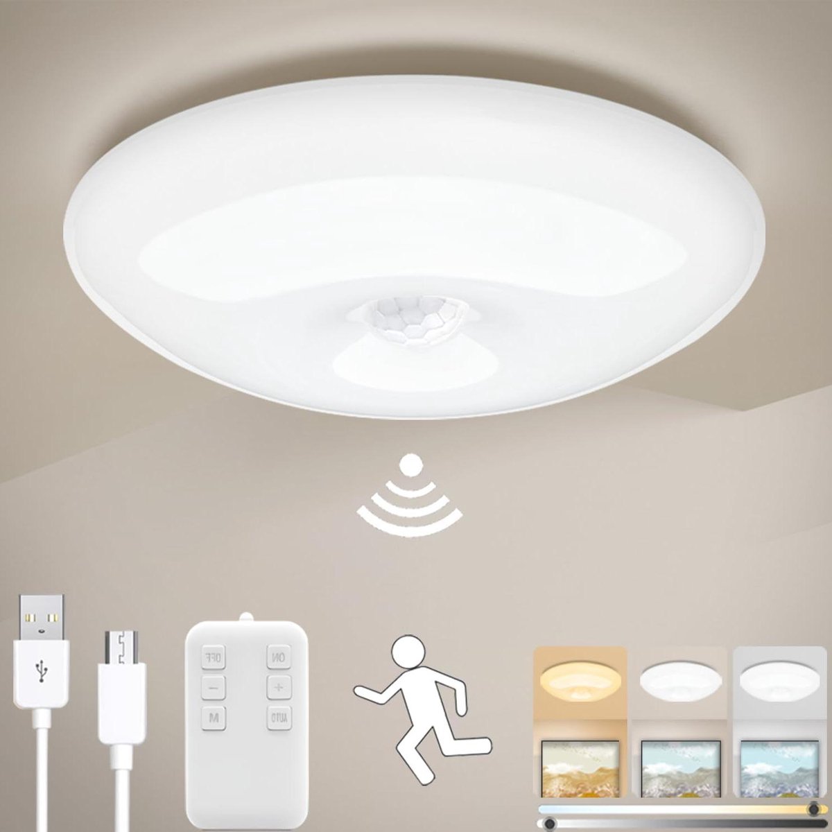 Oplaadbare LED Plafondlamp met Bewegingssensor-Dimbaar-Afstandsbediening-3000-6000K-4000mAh Batterij-Wit-Rond-Draadloos-voor Kledingkast Hal Badkamer Trap Ø20cm