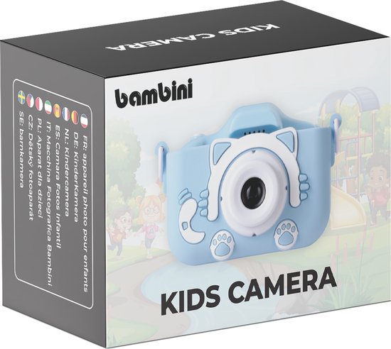 Verpakking van een blauwe Bambini kindercamera met kattenontwerp. De doos toont de camera en kindvriendelijke illustraties.