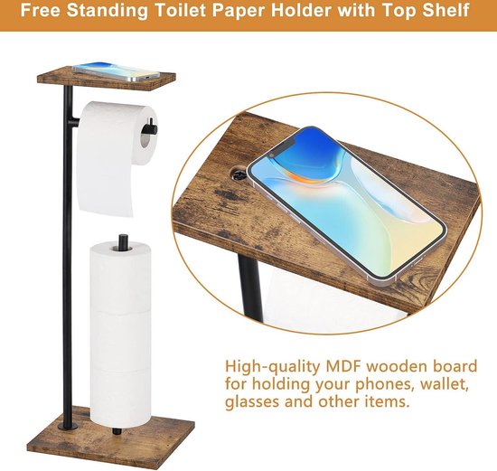 Vrijstaande toiletrolhouder met plank, badkamertoiletrolhouder, staand, Boho rotan toiletpapieropslag, zwarte toiletpapierstandaard voor 4 rollen toiletpapier - Rayofly