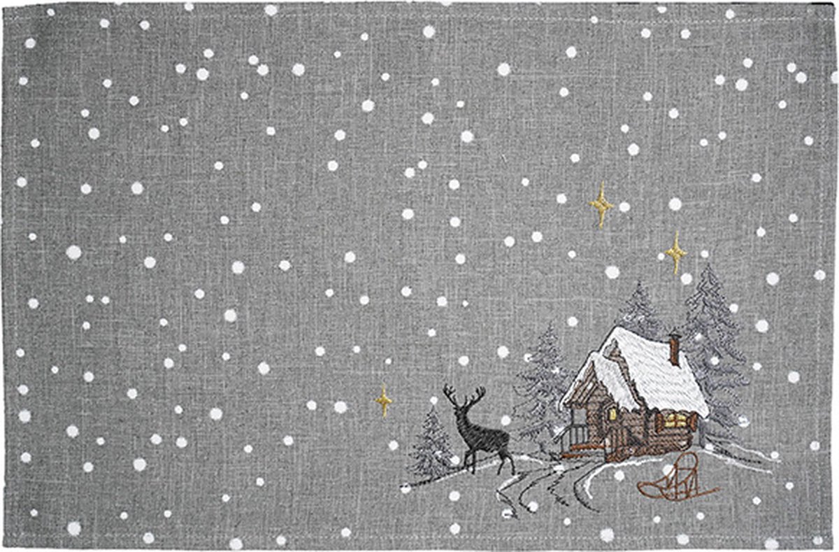 Tafelloper - Kerst - Grijs - Wintertafereel met sneeuwvlokken - Loper 30 x 45 cm
