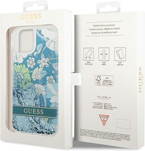 Guess - GUHCP14MLFLSN - iPhone - 14 - Plus - 6.7 - vert/vert - coque rigide - Fleur - Liquide - Glitter