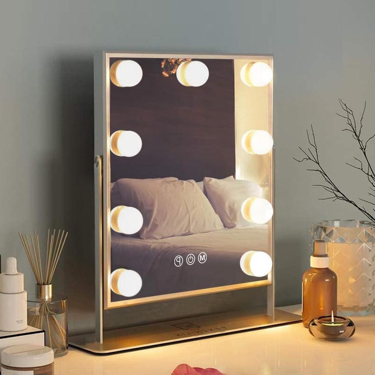 Make-up Spiegel - Spiegel Hollywood spiegel met verlichting 360° draaibaar - Verlichte make-up spiegel - 9 dimbare LED lampen - Cosmetische spiegel met licht - 3 lichtkleuren wit - 25x30 cm