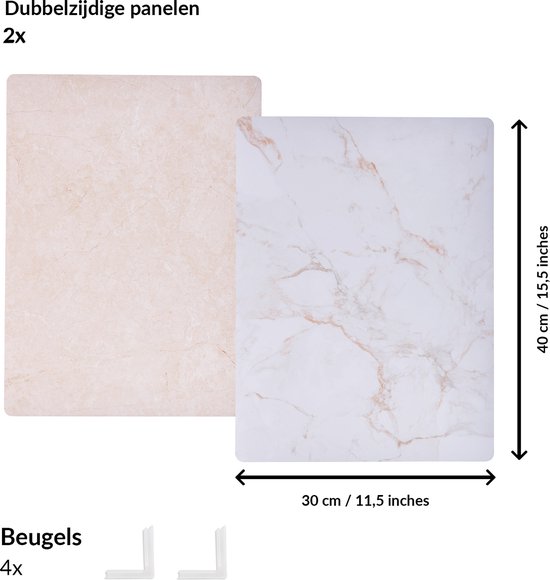 Twee dubbelzijdige achtergrondpanelen, beige en wit marmer, 30x40 cm, met vier bevestigingsbeugels.