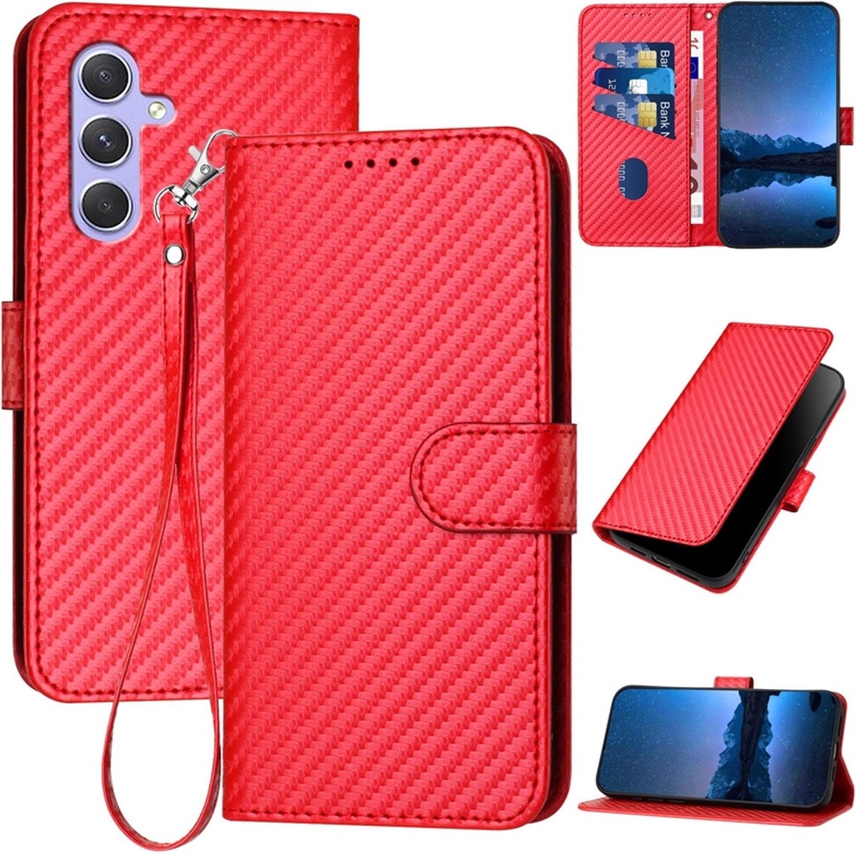 Carbon Boek Bescherm-Etui Hoes geschikt voor Samsung Galaxy A55 - Rood