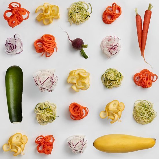 Groentesnijder, groenteschaaf, groenterasp, courgette-noedels, courgette- spaghetti, handmatige spiraalsnijder, wortelen en komkommers