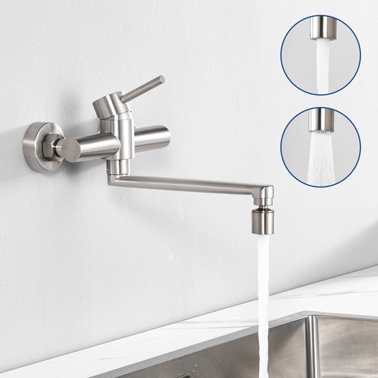 CECIPA - Robinet d'eau pour robinet de cuisine mural - Robinet d'eau mural rotatif à 360° - 2 modes d'évacuation de l'eau - Zliver