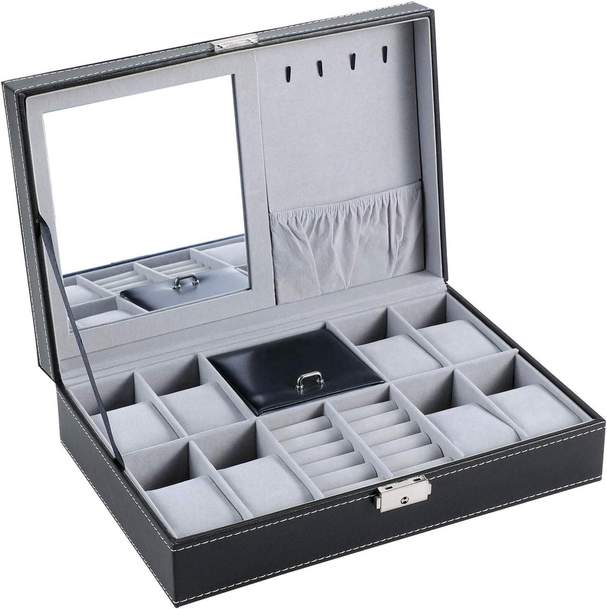 Horlogedoos, sieradendoos Horlogevitrine organizer Sieraden Trey opbergdoos Zwart PU leer met spiegel en slot - Luxe horlogedoos - Horlogedoos Opbergdoos - Sieradendoos