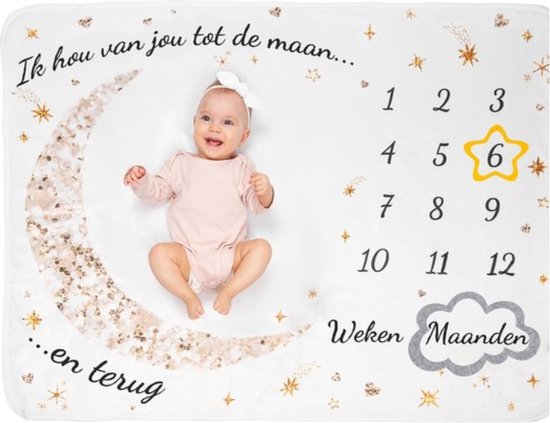 Foto: Mijlpaaldeken in nederlands milestone deken baby kraamcadeau jongen kraamcadeau meisje inclusief frames thema maan en sterren 130x100 cm