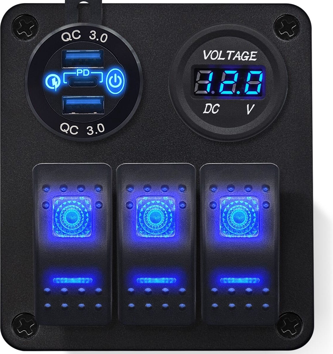 ProRide Schakelpaneel 12V voor Auto/Boot - USB Lader 2 Poorten met Voltmeter - QC3.0 - PUSB1QC-R - 3 Schakelaars